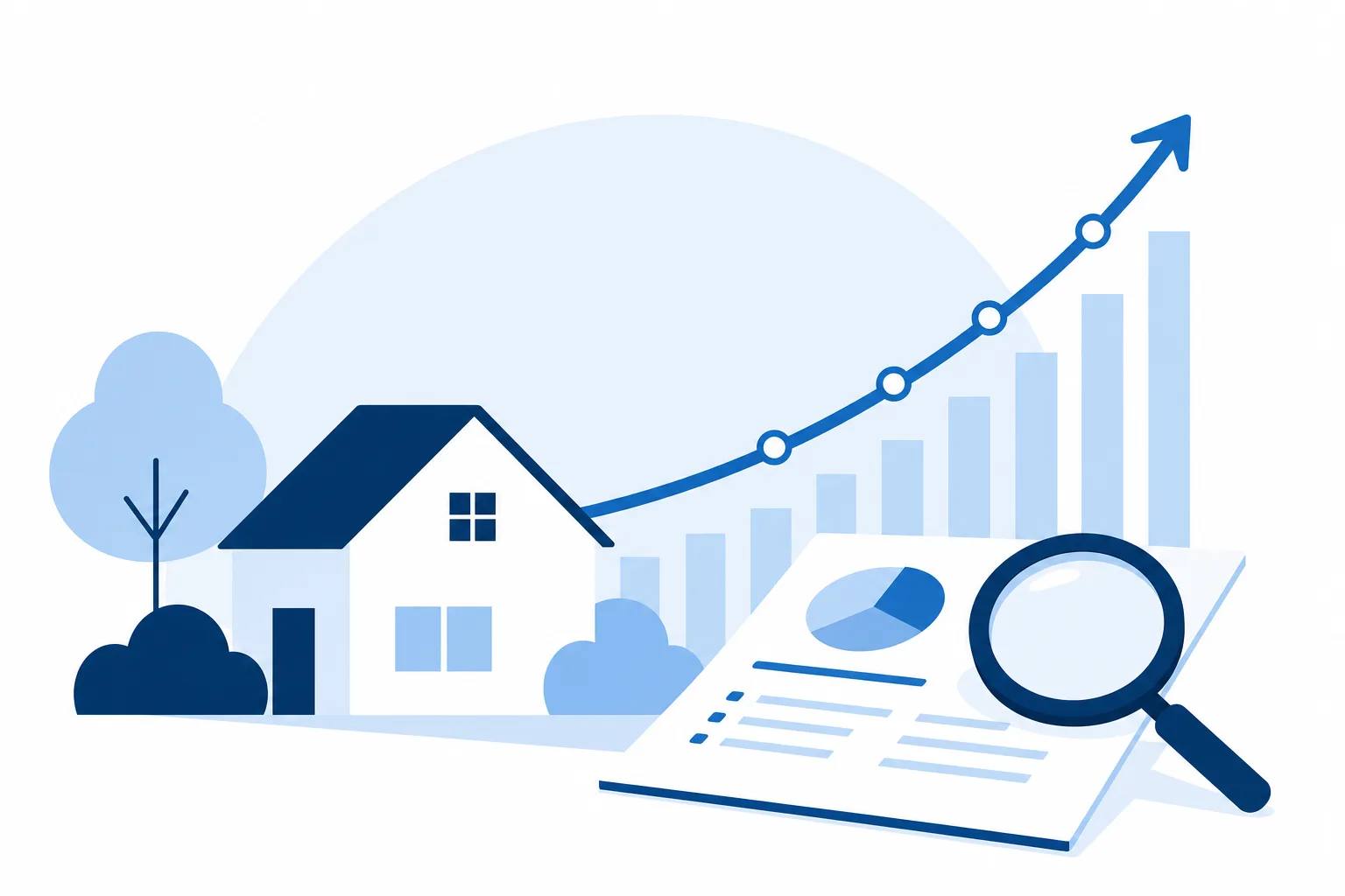 Reduzierte Illustration eines Hauses mit steigender Zinskurve, Finanzierungsunterlage und Lupe.
