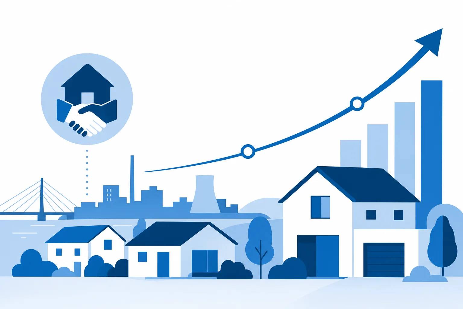 Reduzierte Illustration von Eigenheimen in Leverkusen mit ansteigender Preiskurve und Symbolen für Immobilienverkäufe.