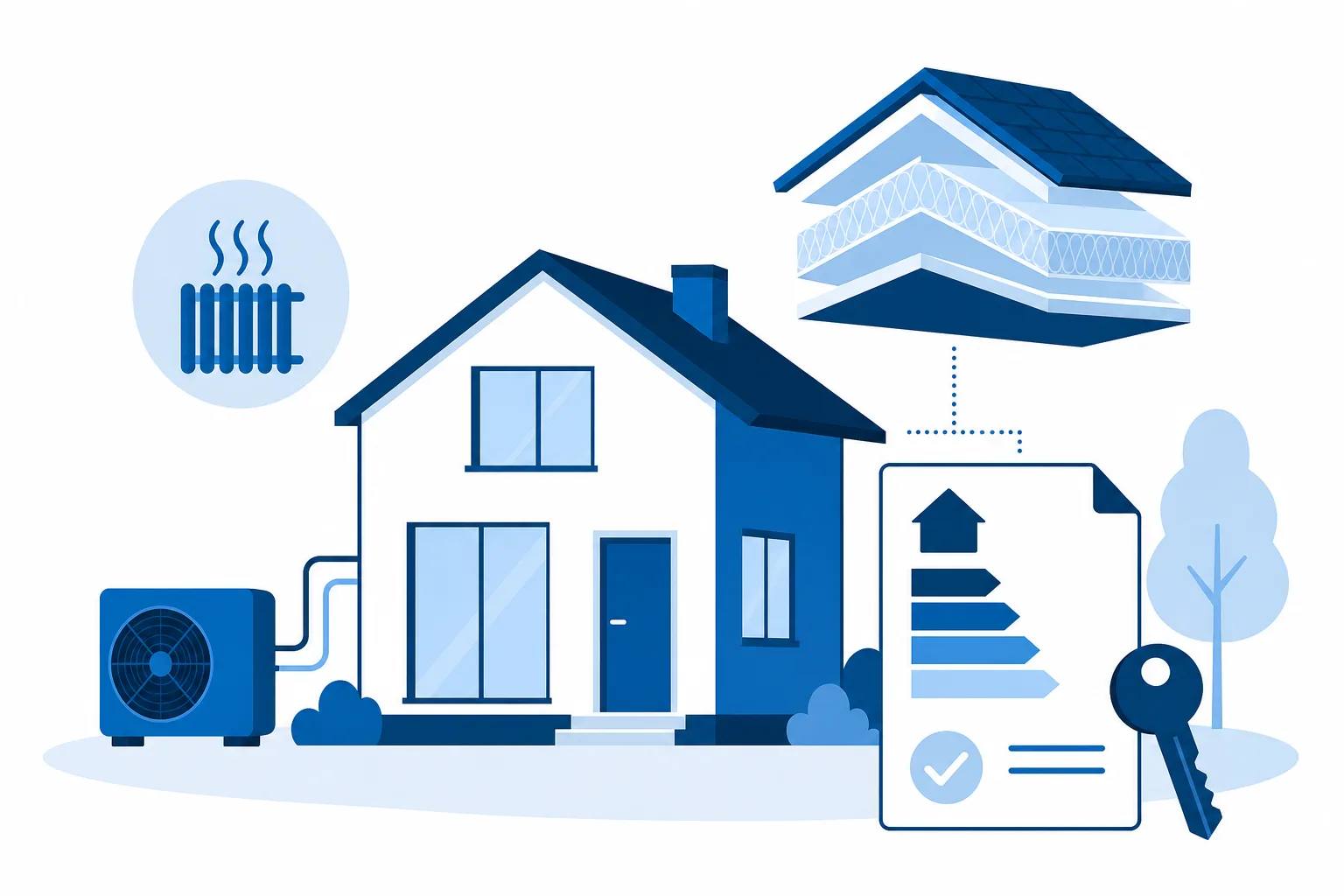 Reduzierte Illustration eines Wohnhauses mit Heizung, gedämmtem Dach, Energieausweis und Schlüssel.