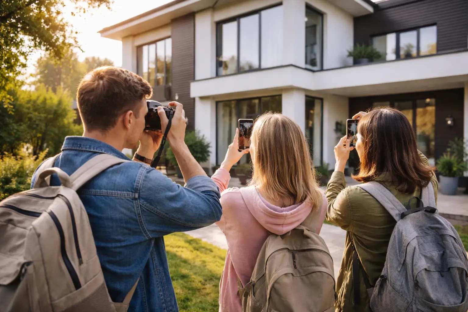 Drei junge Menschen mit Rucksäcken fotografieren ein Haus mit Kamera und Smartphones.