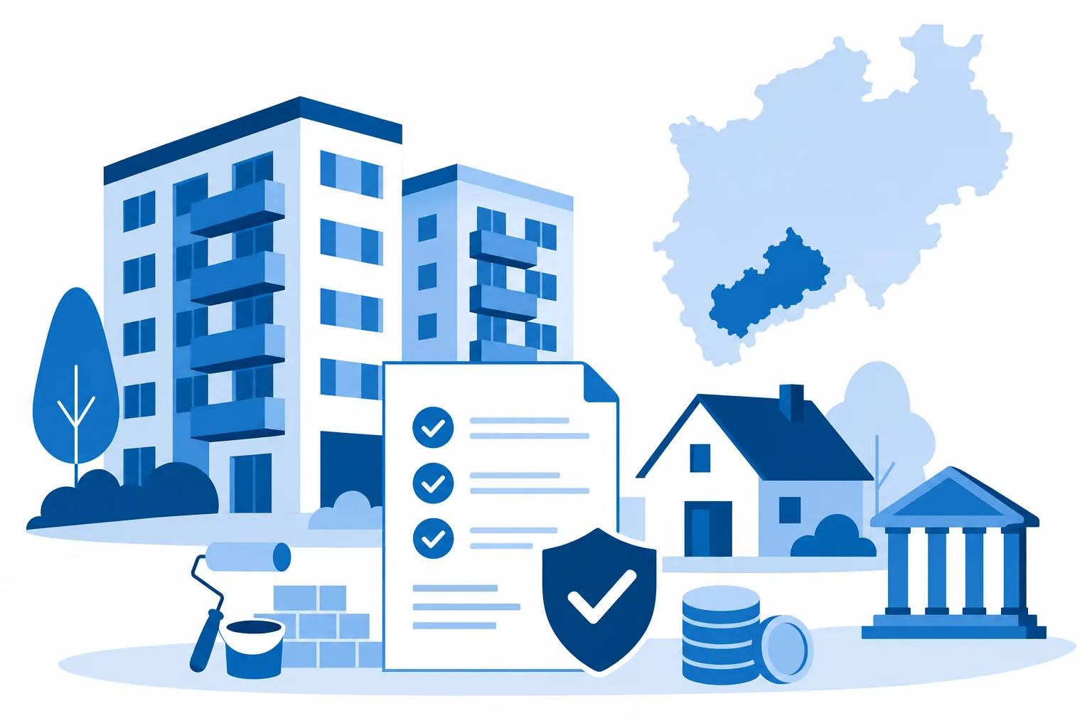 Reduzierte Vektorillustration mit Wohngebäuden, Förderunterlagen und Symbolen für Neubau und Modernisierung.